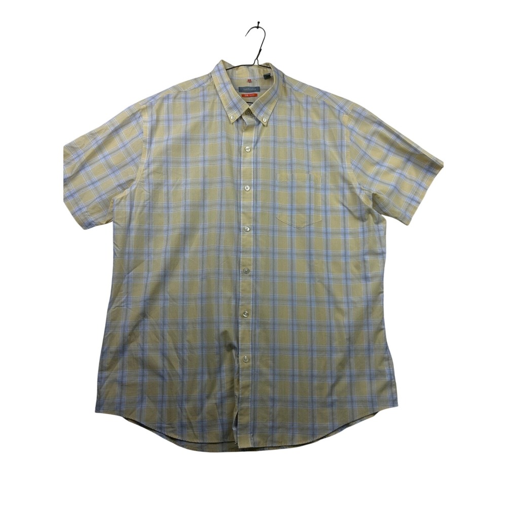 Van Heusen Traveler Men's Shirt XL Yellow Plaid Short Sleeve Button Down Preppy